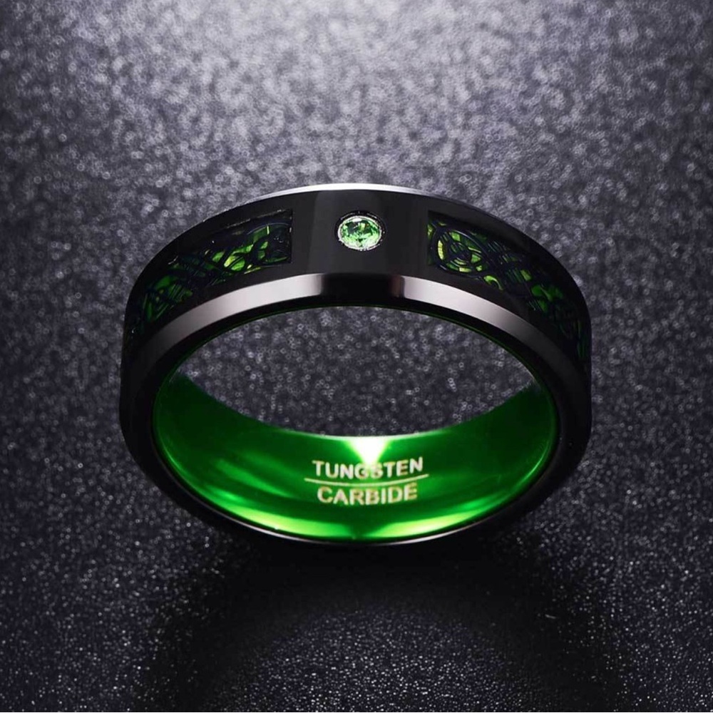 Tungsten Carbide Black and Green Men's Ring size 8